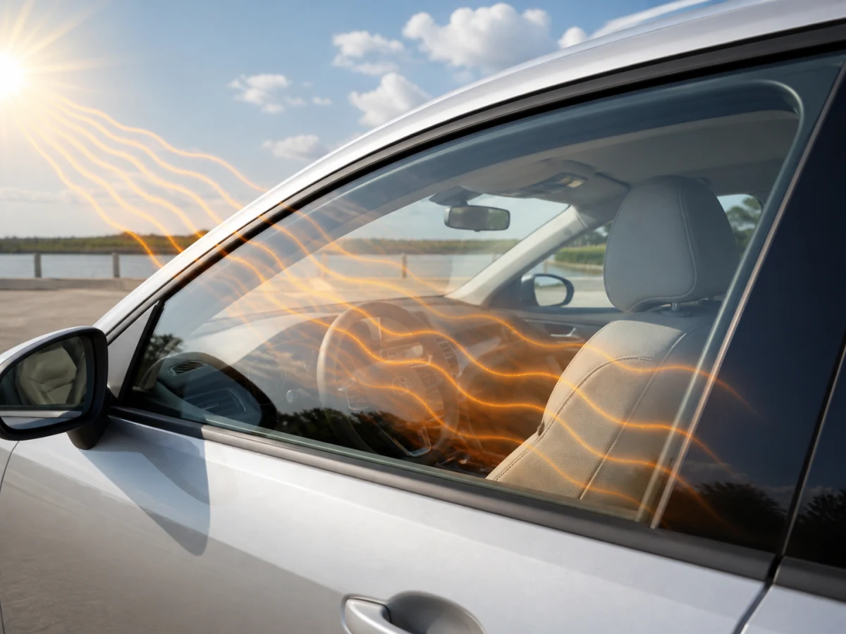 Invisible infrared heat passing through a bright, clear car window