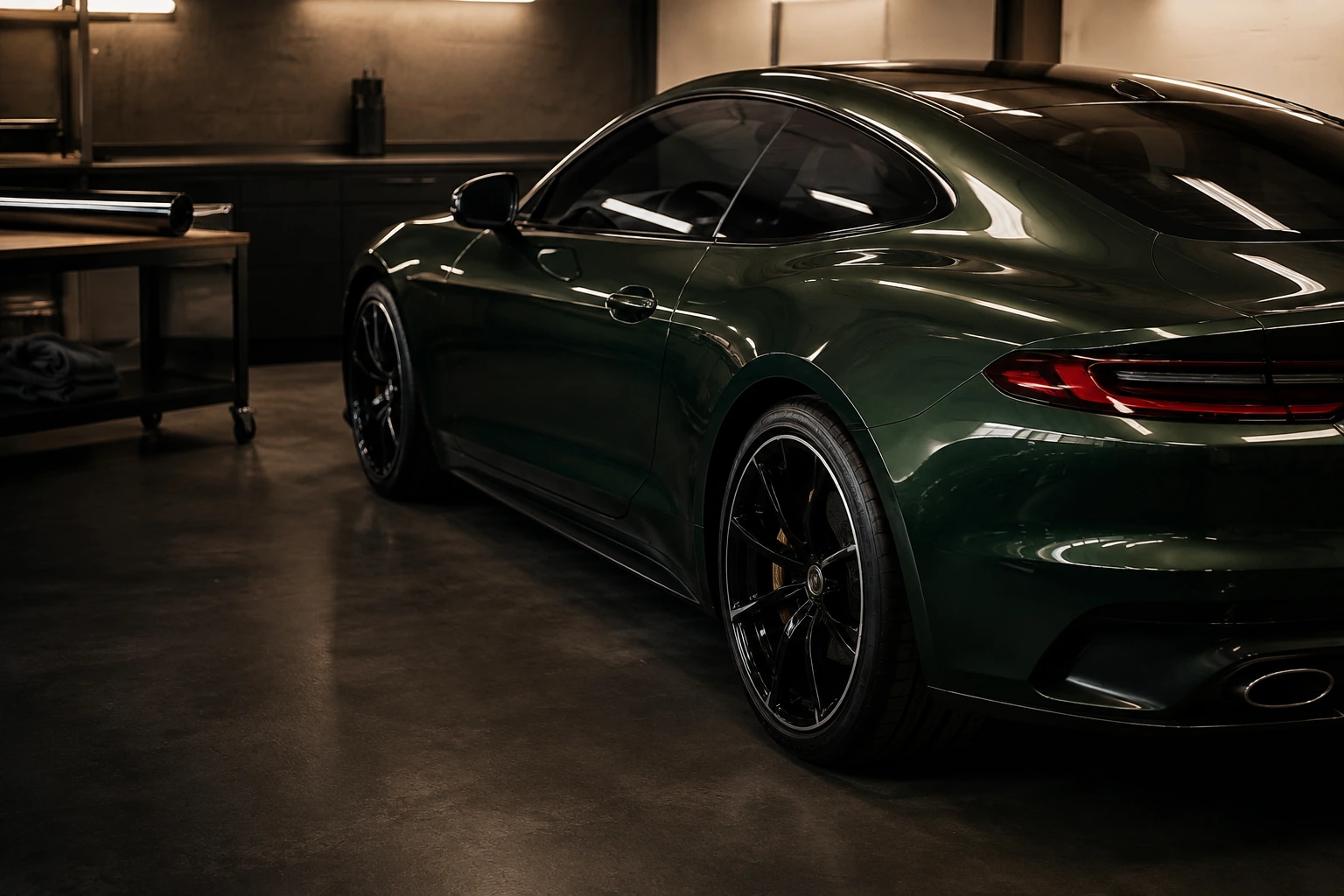 A forest-green coupe with freshly tinted side glass inside an installation bay