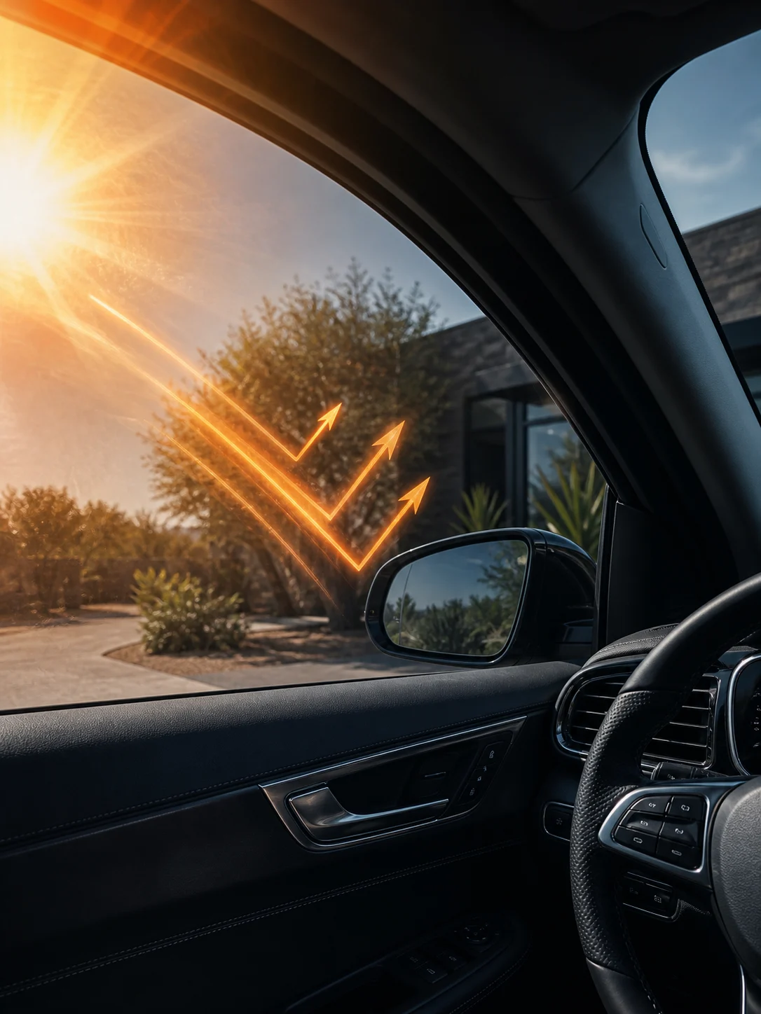 Solar heat reflecting away from tinted side glass before it enters a shaded car cabin