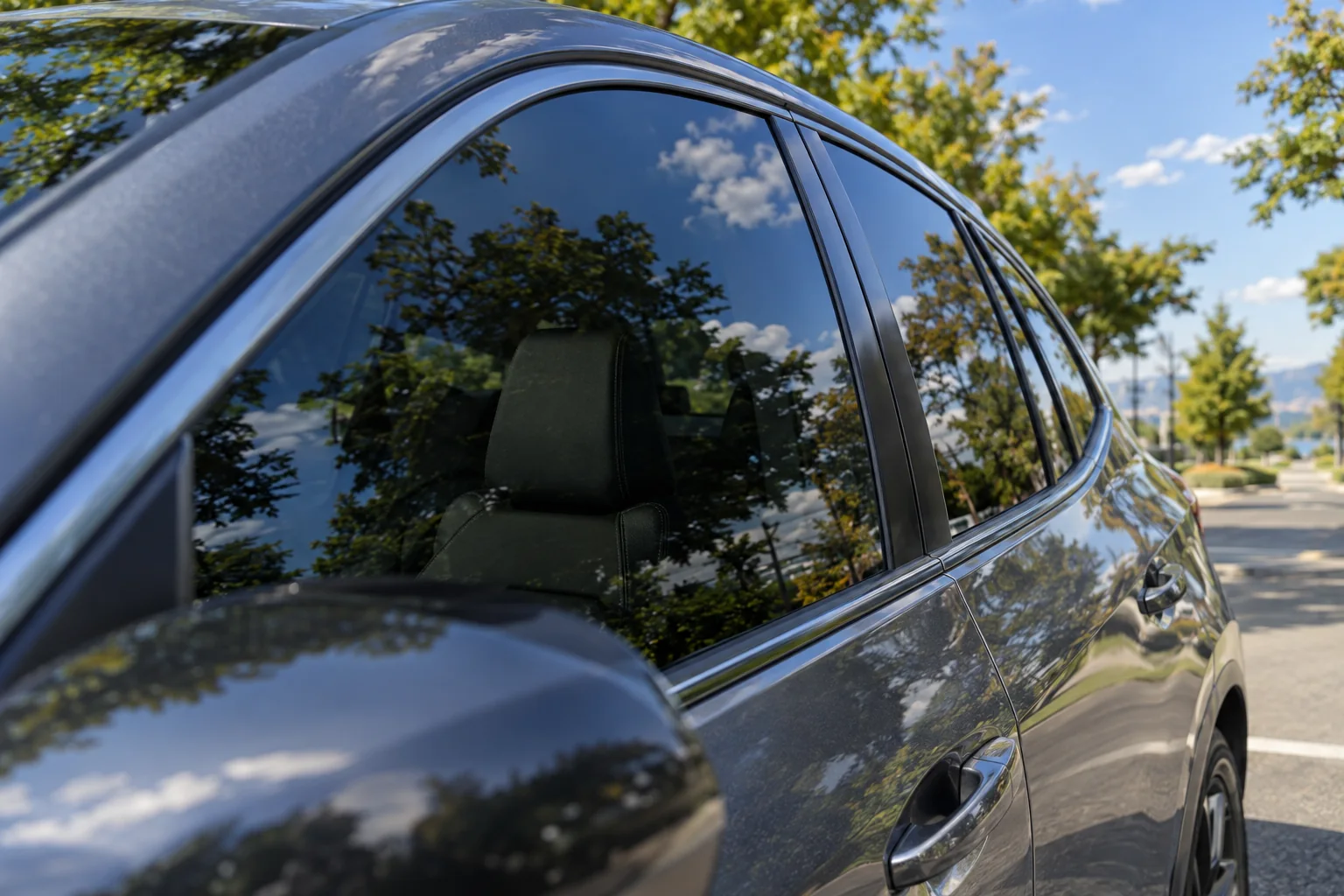 Close up of tinted car side glass with trees and sky reflected in it