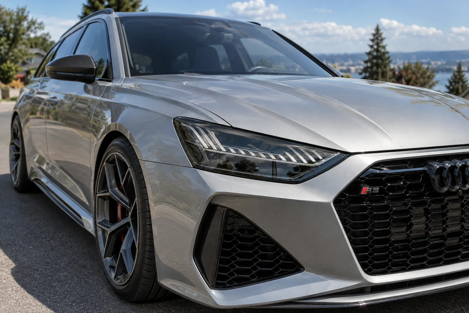 An Audi RS6 headlight with clear protection film on the lens