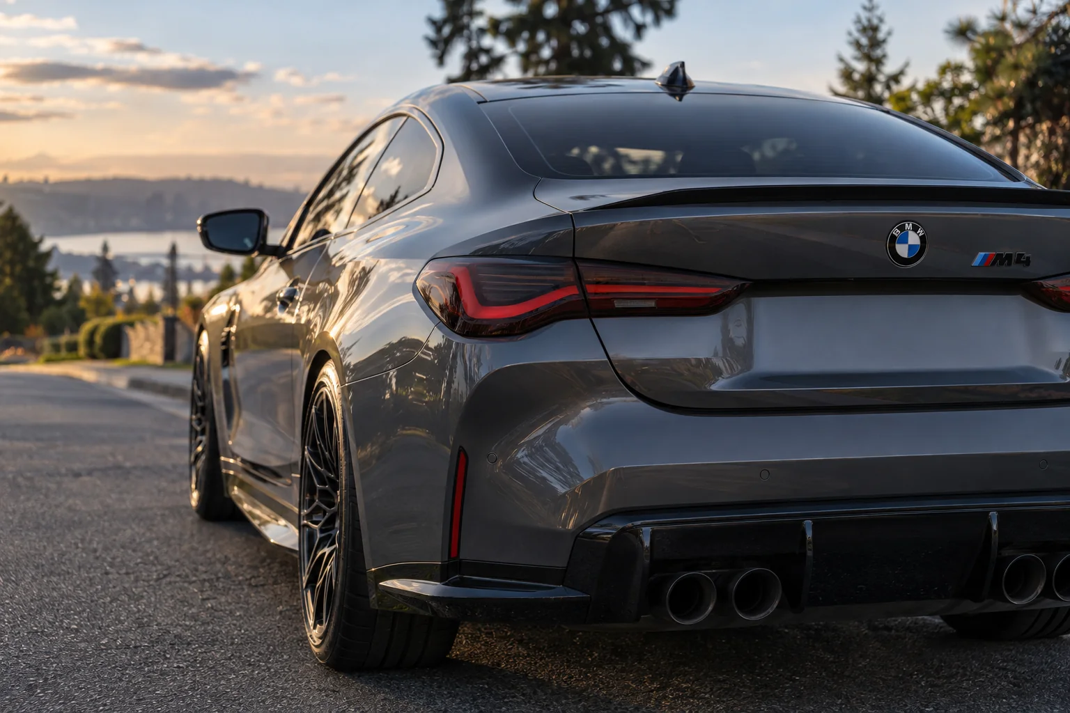 The smoked taillights of a gray BMW M4