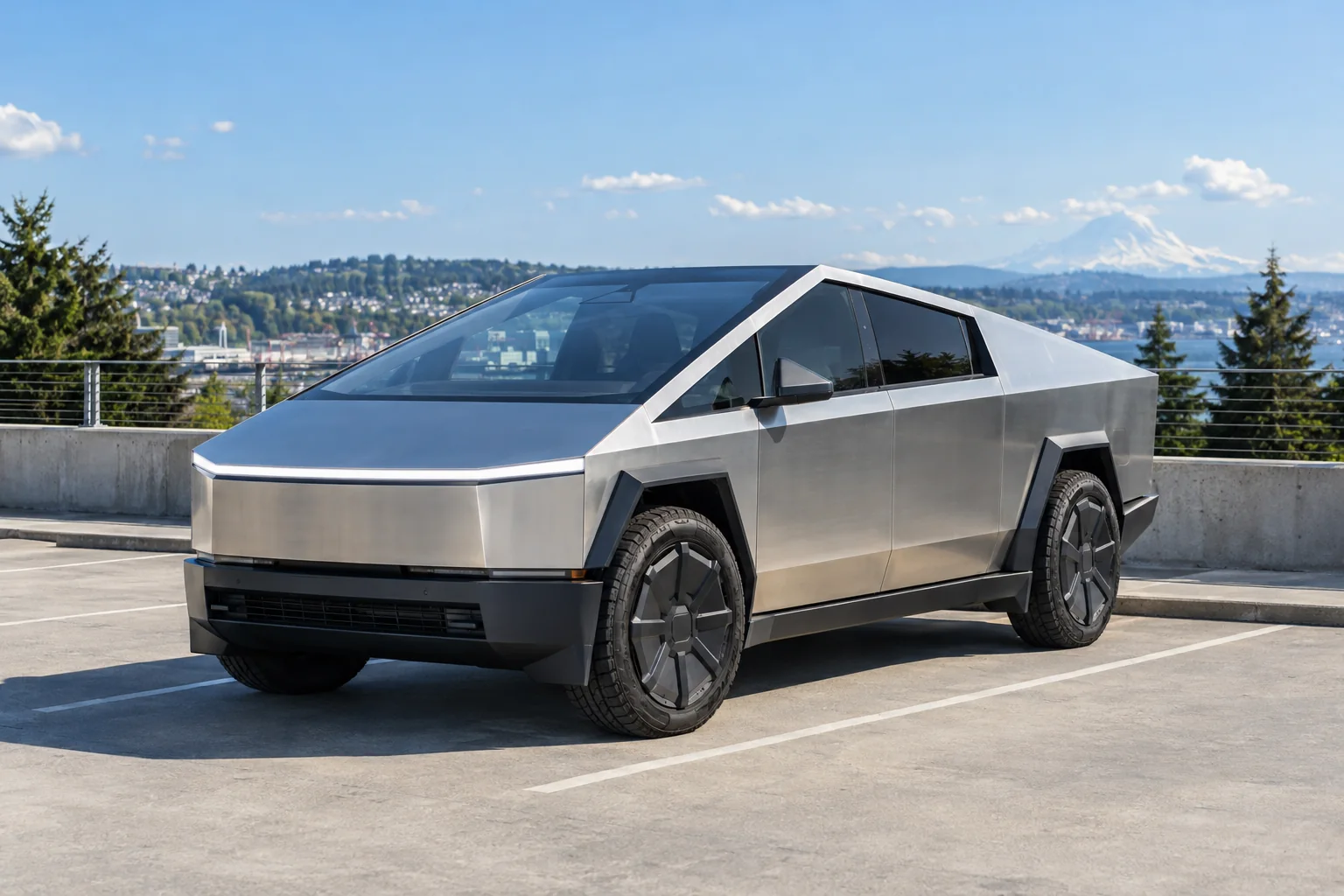 A stainless Tesla Cybertruck with tinted glass