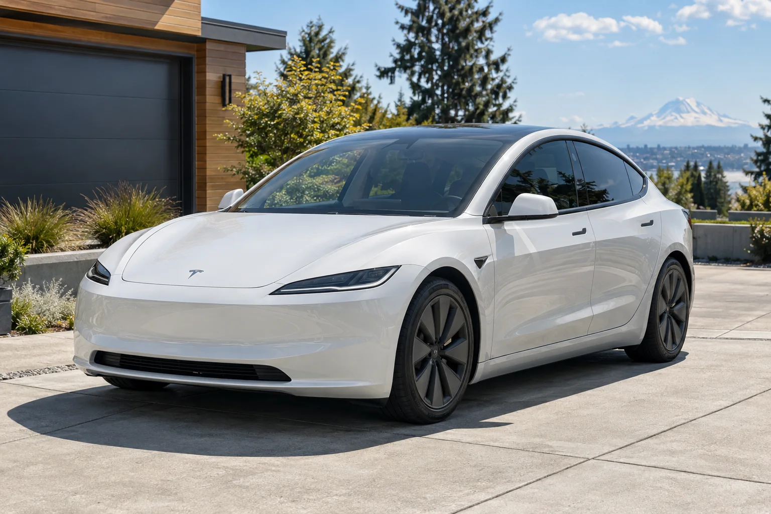 A white Tesla Model 3 with tinted windows on a driveway, Mount Rainier behind