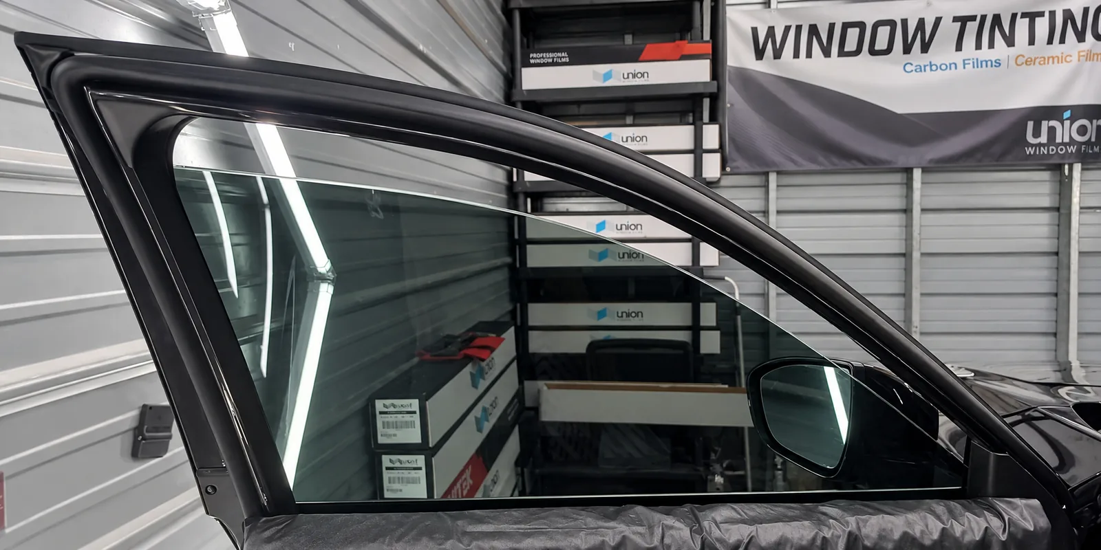 A freshly tinted front door window in the bay, seen from the other side
